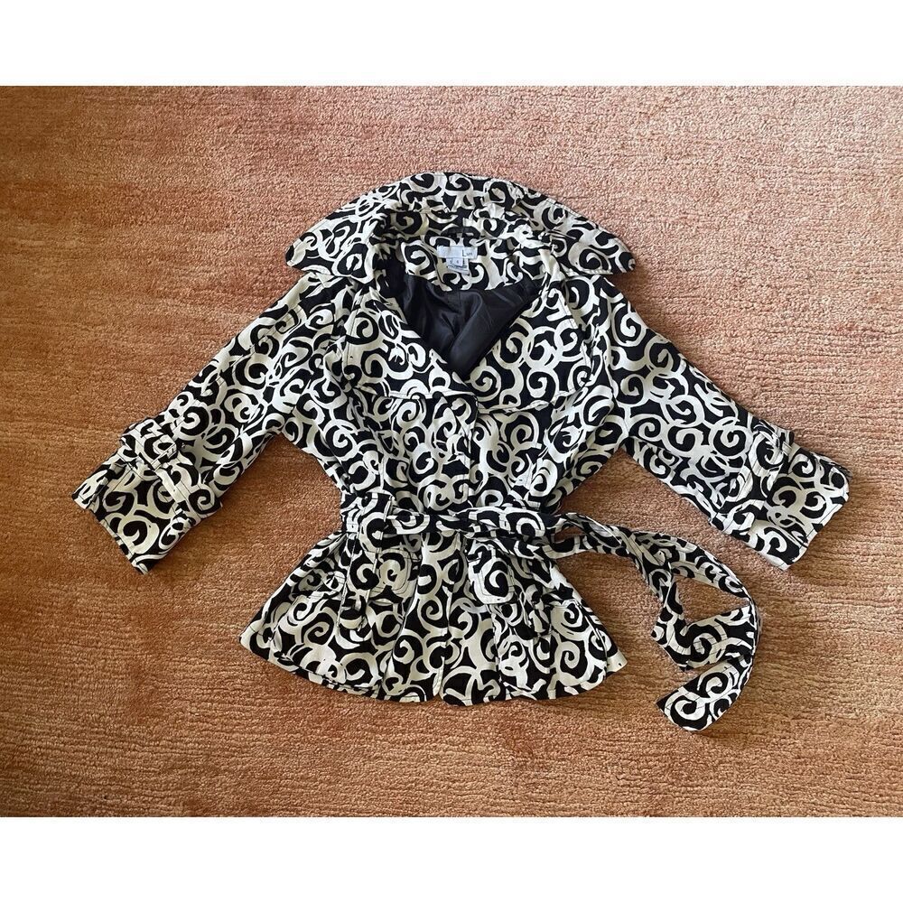 Luii byAnthropologie  Black White Swirl Print Belted Short Trench Jacket Small